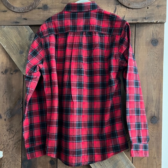 Eddie Bauer FLANNEL SHIRT RED BLACK Green Wide Plaid L/S Button checkered Cotton - Picture 2 of 12